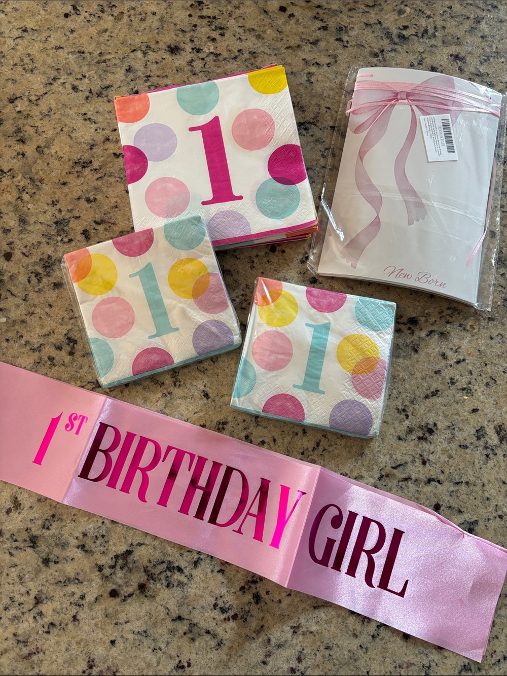 1st Birthday Girl Pink Party Napkins and Sash Set with photo backdrop and banner